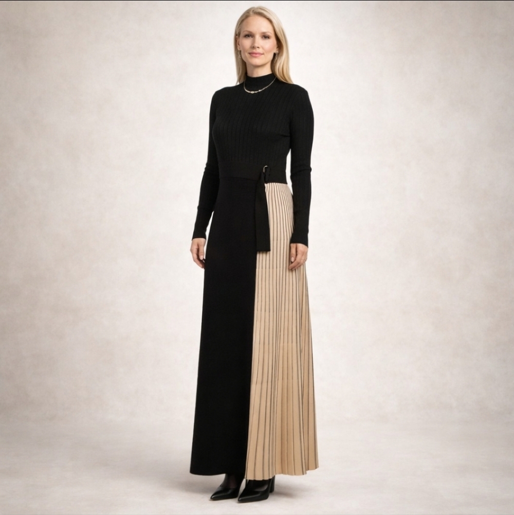New Maxi Sweater Dress Dalia Macphee Black / Ivory Contrast Ribbed Knit  Sz L
